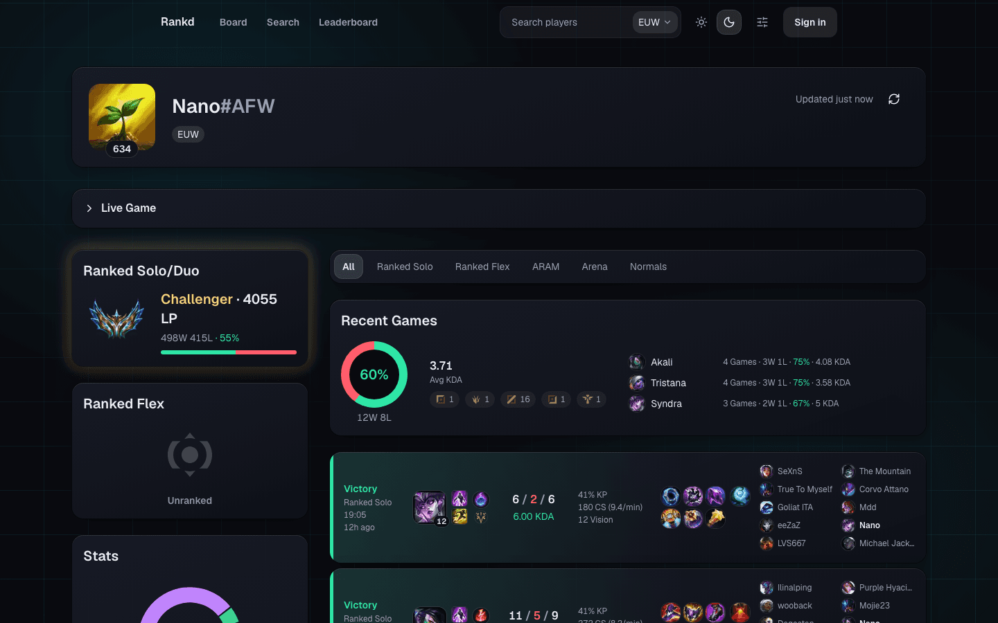 Rankd Profile page — v3.7 Signature Card with embedded match history